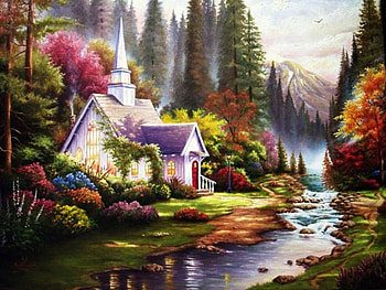 Forest Chappel, artwork, creek, trees, colors, autumn, water HD wallpaper
