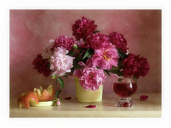 Peony Romance, peonies, flower pot, still life, pink, plate, glass, apple, magenta, wine HD wallpaper