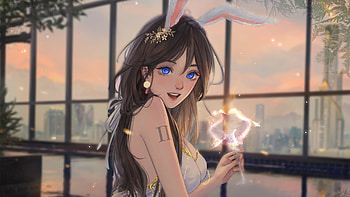 Blue Eyes Bunny Ears Anime Girl With White Dress Anime Girl HD wallpaper