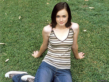 Alexis Bledel, blue eyes, young, cute, black hair, actress, jeans, female HD wallpaper