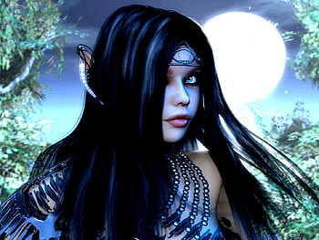 raven haired elf, sexy, black, beads, necklace, girl, elf, beauty, woman, fairy, leaves, moon, pretty, trees, fantast, lips, sky HD wallpaper