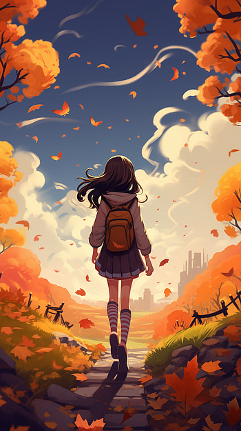 Autumn Adventure - Enchanting Fall, Autumn, girl, landscape, fantasy, backpack, fantasy landscape HD phone wallpaper