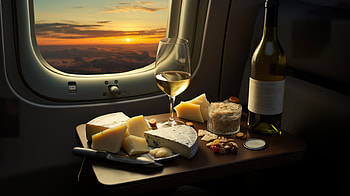 Delicious Meal In The Plane With Sunset, wine, cheese, food, still life HD wallpaper