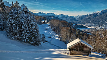 Valley in the Bavarian Alps, sky, forest, church, mountains, landscape, cabin, snow, trees, germany HD wallpaper