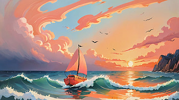 Sunset Drawing, sunset, wave, sea, ocean, boat, Ocean Waves HD wallpaper