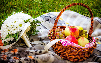 Nature, Fruits, Flowers, Food, Bananas, Apples, Grapes, Bouquet, Basket HD wallpaper