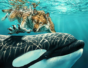werewolf swimming with a orca, sea, werewolves, wolves, orcas HD wallpaper