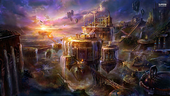 steampunk city, building, waterfall, steampunk, city HD wallpaper