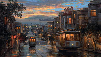 Rainy Night Artistic Painting, artist, painting, train HD wallpaper