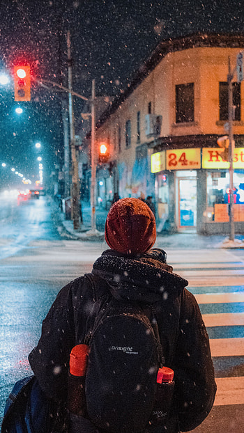 Night, Snow, City, Miscellanea, Miscellaneous, Human, Person, Street HD phone wallpaper