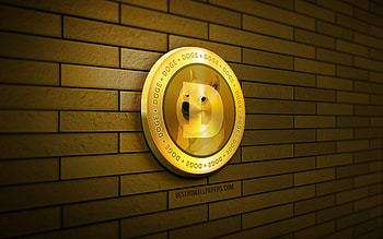 Dogecoin golden logo, , yellow brickwall, creative, cryptocurrency, Dogecoin 3D logo, Dogecoin logo, 3D art, Dogecoin HD wallpaper