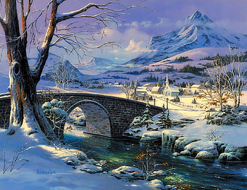 bridge in the winter, winter, bridge, mountains, snow HD wallpaper