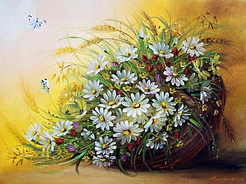 Beautiful Painting, basket, white, flowers, painting HD wallpaper