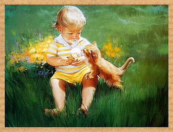 Learning to share, boy, flowers, grass, ice cream, kitten sharing HD wallpaper