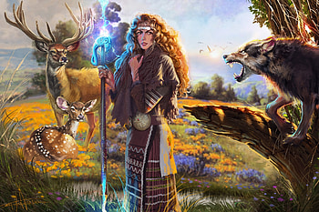 Fantasy girl, wolf, deer, kaloyan stoyanov, art, fantasy, girl, lup HD wallpaper