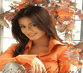 Lovely Smile, brown long hair, smile, autumn leaves, orange top, A little smile for you, woman, nice eyes HD wallpaper
