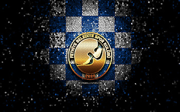 Fethiye Belediyespor, glitter logo, Basketbol Super Ligi, blue white checkered background, basketball, turkish basketball team, Fethiye Belediyespor logo, mosaic art, Turkey, Fethiye Belediyespor Basketbol HD wallpaper