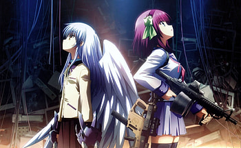 Kanade Tachibana and Yuri Nakamura, yuri nakamura, nakamura, wings, kanade tachibana, angel, anime girls, yuri, anime action, anime guns, kanade, tachibana, angel beats HD wallpaper