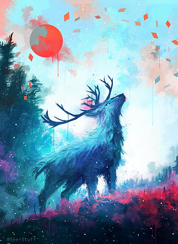 Art, Sun, Paint, Flow, Drips, Deer, Horns HD phone wallpaper