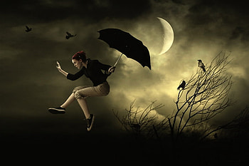 Flying-witch, abstract, 3d, art, hot, umberella, girl, woman, witch HD wallpaper