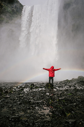 Water, Rainbow, Miscellanea, Miscellaneous, Waterfall, Spray, Human, Person HD phone wallpaper