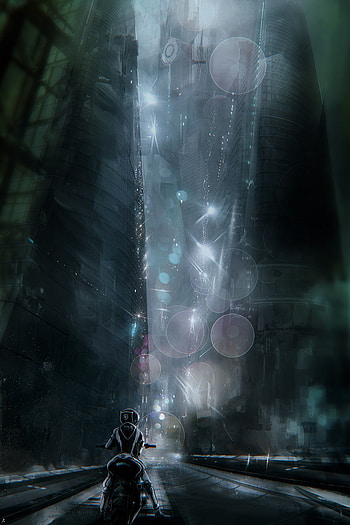 Art, City, Motorcyclist, Cyberpunk, Futurism HD phone wallpaper