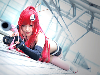 Yoko Littner by Kipi, black, skull, kipi, yoko ritona, red hair, sniper, actress, tengen toppa gurren-lagann, reality, laying, cosplayer, gun, shorts, sexy, yoko littner, white, model, yoko, bikini top, hot, girl, hair clip, m4, anime girl, pink, anime, costume, red, weapon, bridge, red head, cosplay HD wallpaper