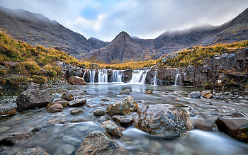 mountain lake, waterfall, mountain river, cloudy weather, stones, beautiful waterfall, Iceland HD wallpaper