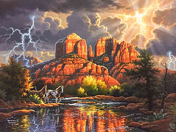 Sedona majesty, lightning, painting, abraham hunter, art, pictura, canyon, water HD wallpaper