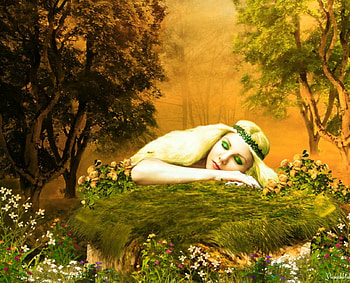 Sleeping beauty, garden, sleeping, fantasy, woman HD wallpaper