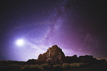 Rocks, milky way, desert, purple sky, night HD wallpaper