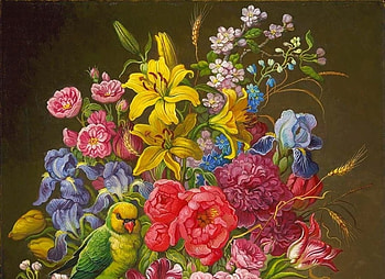Floral with Lorikeet, blue, bird, art, lorikeet, yana movchan, rose, painting, pictura, flower, yellow, red, pasari, parrot HD wallpaper