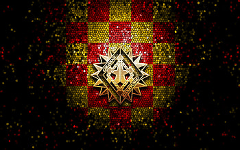 Giravanz Kitakyushu FC, glitter logo, J2 League, red yellow checkered background, soccer, japanese football club, Giravanz Kitakyushu logo, mosaic art, football, Giravanz Kitakyushu HD wallpaper