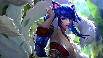 Ahri, blue, white, frumusete, girl, nine tailed, fox, fantasy, league of legends, game, luminos HD wallpaper