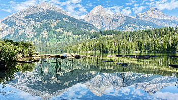 Taggart Lake in the late morning, Grand Teton National Park, clouds, USA, sky, mountains, water, reflections, wyoming HD wallpaper