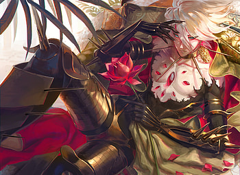 Karna, pink, anime, akira egawa, flower, manga, male, armor HD wallpaper