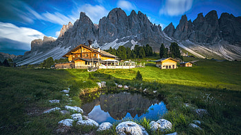 The Dolomites, Italy, rocks, houses, stones, peaks, landscape, reflections, south tyrol, clouds, sky, water, alps, pond HD wallpaper