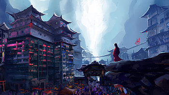 The Girl In Red Above The Ancient City, anime, girl, city, fantasy, artist, artwork, art, digital-art, artstation HD wallpaper