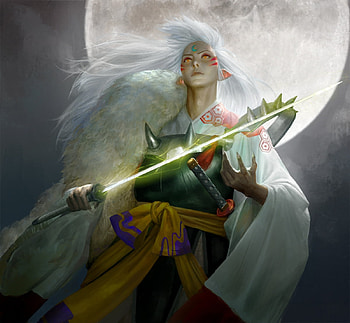 Sesshomaru, moon, fantasy, art, man, luna, sangsoo jeong HD wallpaper