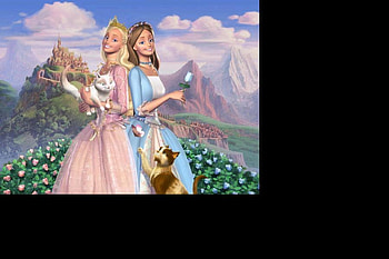 Barbie, blue, roses, smile, cat, pink, flower, movie, happy, princess, castle, mountains HD wallpaper