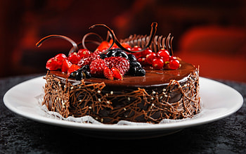 Plate of cake, plate, chocolate, sweets, cherry, cherries, berry, food, cake HD wallpaper