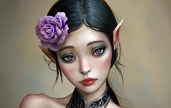 Elf girl, rose, putple, art, fantasy, face, girl, elf, zero akuma HD wallpaper
