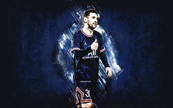 Lionel Messi, PSG, portrait, football superstar, Paris Saint Germain, grunge blue background, Ligue 1, Leo Messi, football HD wallpaper