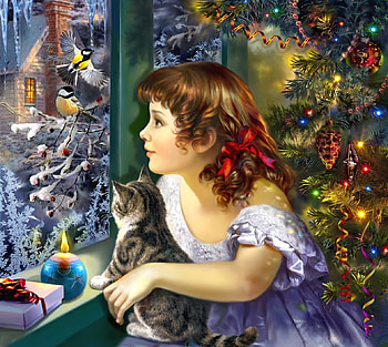 Magic of Christmas, birds, Christmas, candle, ornaments, cat, tree HD wallpaper