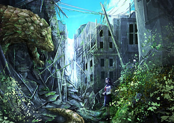 The Ruins, blue, animal, black, plants, uniform, cute, long hair, shirt, beauty, lady, dragon, female, skirt, white, art, grey, city, girl, woman, anime, green, clouds, sky, lovely HD wallpaper