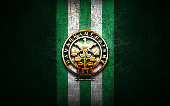 Hamarkameratene FC, golden logo, Eliteserien, green metal background, football, norwegian football club, Hamarkameratene FC logo, soccer, Hamarkameratene Fotball HD wallpaper
