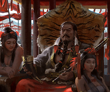 The patriarch, hanho lee, fantasy, art, man, throne, red, girl, patriarch HD wallpaper