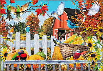 Gathering for Fall, birds, barn, leaves, fence, colors, autumn, trees, art, pumpkins, digital HD wallpaper