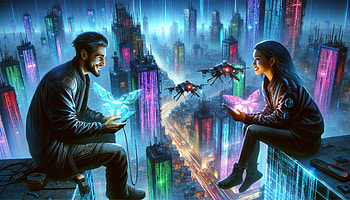 Cyber Friends in Neon City, friend, futuristic, cyberpunk, cityscape, technology HD wallpaper