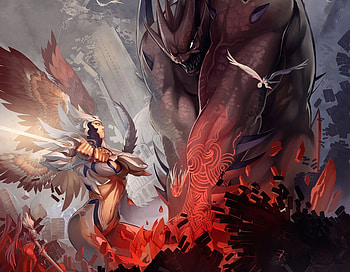 Fantasy War, fantasy, fight, angel, monster, combat, war HD wallpaper